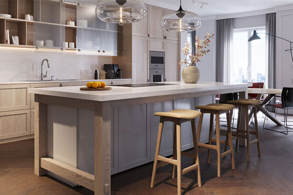 Modern kitchen with Caesarstone quartz countertop in Cloudburst Concrete finish